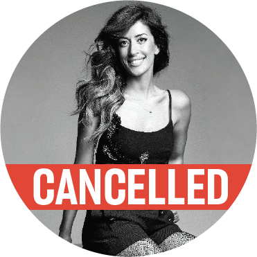 Black and white photo of Ana Moura where she's looking directly into the camera and smiling with a "cancelled" banner across the image