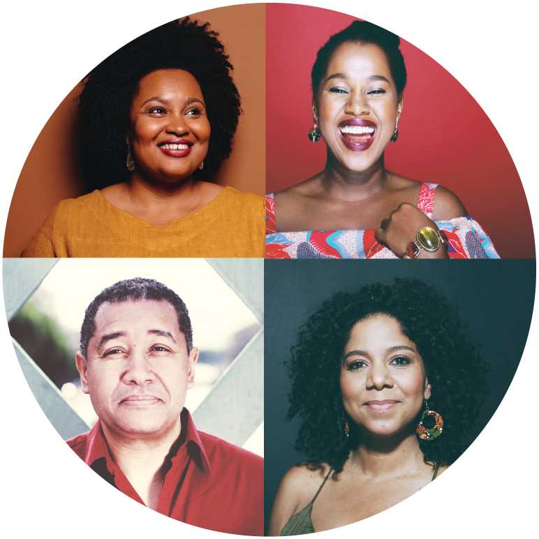 Four headshots of Lucibela, Elida Almeida, Nancy Vieira, and Teófilo Chantre are placed in a circle