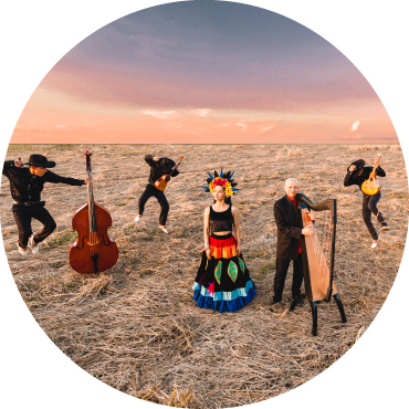 4 men musicians stand with their instruments in a field, a woman dressed in a brightly colored dress stands in the center