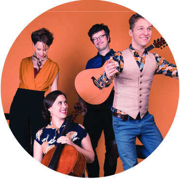 The 4 members of DuoDuo against an orange background holding instruments and dancing