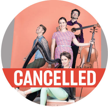 The 4 members of DuoDuo stand with their instruments in front of a peach background with a banner reading "cancelled" across the image