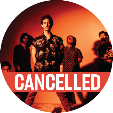 The band with an orange tinted background with a poppy colored "cancelled" banner over the image