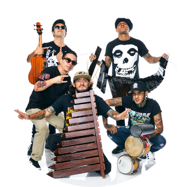 5 members of Son Rompe Pera pose against an all white backdrop holding their instruments