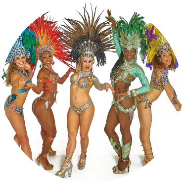 Samba Dance Class girls stand together in colorful exotic costumes