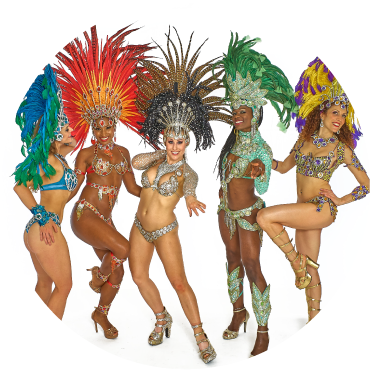 Samba Dance Class girls stand together in colorful exotic costumes