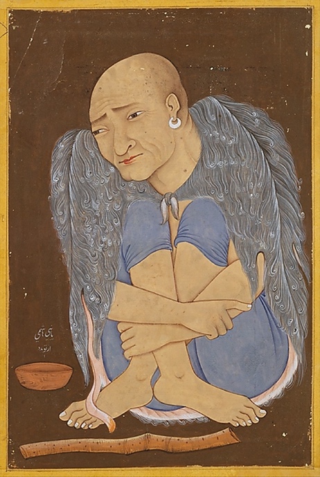 A portrait of a man in a blue robe and pants sitting on the floor. He is bald with medium skin tone and has an earring