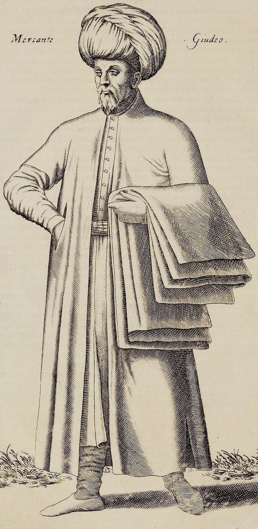 A black and white illustrated portrait of a man with a beard dressed in robes and a turban and holding cloth