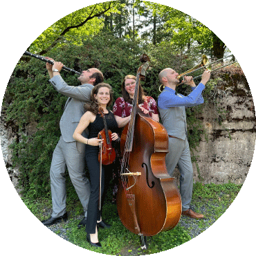 A group pose with their instruments