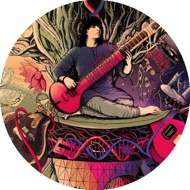 Colorful illustration of Niladri Kumaar playing the sitar