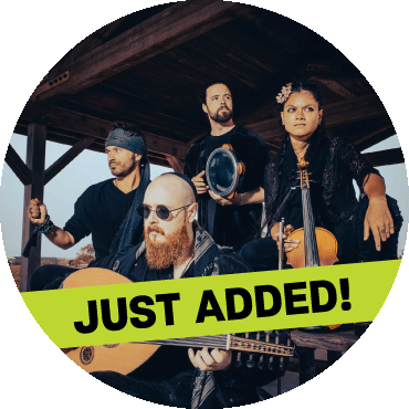 Baklava Express pose with their instruments with a 'just added' banner on top of image