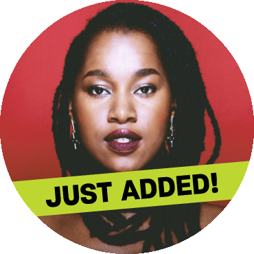 Elida Almeida poses against a red background with a 'just added' banner on top of the image
