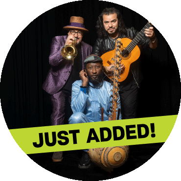 Flamenkora poses together with their instruments with a 'just added' banner on top of the image