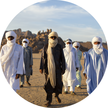 6 members of the band wearing full scarfs walk through the desert