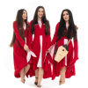 Trio Mandili poses together in matching red outfits while holding a panduri